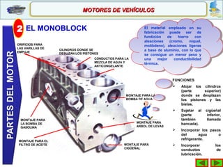 MOTORES DE VEHÍCULOSMOTORES DE VEHÍCULOS
2 EL MONOBLOCK
CILINDROS DONDE SE
DESLIZAN LOS PISTONES
MONTAJE PARA LA
BOMBA DE AGUA
MONTAJE PARA
ARBOL DE LEVAS
MONTAJE PARA
CIGÜEÑAL
MONTAJE PARA EL
FILTRO DE ACEITE
MONTAJE PARA
LA BOMBA DE
GASOLINA
ORIFICIOS PARA
LAS VARILLAS DE
EMPUJE
El material empleado en su
fabricación puede ser de
fundición de hierro con
aleaciones (cromo, níquel,
molibdeno), aleaciones ligeras
a base de aluminio, con lo que
se consigue un menor peso y
una mejor conductibilidad
térmica.
El material empleado en su
fabricación puede ser de
fundición de hierro con
aleaciones (cromo, níquel,
molibdeno), aleaciones ligeras
a base de aluminio, con lo que
se consigue un menor peso y
una mejor conductibilidad
térmica.
CONDUCTOS PARA LA
MEZCLA DE AGUA Y
ANTICONGELANTE
FUNCIONES
 Alojar los cilindros
(parte superior)
donde se desplazan
los pistones y las
bielas.
 Sujetar al cigüeñal
(parte inferior,
también llamada
bancada).
 Incorporar los pasos
del agua o
refrigerante.
 Incorporar los
conductos de
lubricación.
 