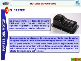 Es el lugar donde se deposita el aceite
lubricante que permite lubricar el
cigüeñal, los pistones, el árbol de levas y
otros mecanismos móviles del motor
Es el lugar donde se deposita el aceite
lubricante que permite lubricar el
cigüeñal, los pistones, el árbol de levas y
otros mecanismos móviles del motor
MOTORES DE VEHÍCULOSMOTORES DE VEHÍCULOS
3 EL CARTER
En sus extremos se disponen de retenes para evitar la fuga de aceite.
Se ajusta a la parte inferior usando una empaquetadura de corcho.
En la parte inferior el cárter tiene unas placas separadoras con
orificios que se comunican entre si, la función de estas placas es para
evitar el batido del aceite y la consiguiente formación de espuma, por
efecto del movimiento del vehículo.
En sus extremos se disponen de retenes para evitar la fuga de aceite.
Se ajusta a la parte inferior usando una empaquetadura de corcho.
En la parte inferior el cárter tiene unas placas separadoras con
orificios que se comunican entre si, la función de estas placas es para
evitar el batido del aceite y la consiguiente formación de espuma, por
efecto del movimiento del vehículo.
 