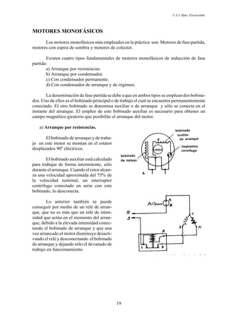 C.E.I. Dpto. Electricidad
19
MOTORES MONOFÁSICOS
Los motores monofásicos más empleados en la práctica son: Motores de fase partida,
motores con espira de sombra y motores de colector.
Existen cuatro tipos fundamentales de motores monofásicos de inducción de fase
partida:
a) Arranque por resistencias.
b) Arranque por condensador.
c) Con condensador permanente.
d) Con condensador de arranque y de régimen.
La denominación de fase partida se debe a que en ambos tipos se emplean dos bobina-
dos. Uno de ellos es el bobinado principal o de trabajo el cual se encuentra permanentemente
conectado. El otro bobinado se denomina auxiliar o de arranque y sólo se conecta en el
instante del arranque. El empleo de este bobinado auxiliar es necesario para obtener un
campo magnético giratorio que posibilite el arranque del motor.
a) Arranque por resistencias.
El bobinado de arranque y de traba-
jo en este motor se montan en el estator
desplazados 900
eléctricos.
El bobinado auxiliar está calculado
para trabajar de forma intermitente, sólo
durante el arranque. Cuando el rotor alcan-
za una velocidad aproximada del 75% de
la velocidad nominal, un interruptor
centrífugo conectado en serie con este
bobinado, lo desconecta.
Lo anterior también se puede
conseguir por medio de un relé de arran-
que, que no es más que un relé de inten-
sidad que actúa en el momento del arran-
que, debido a la elevada intensidad conec-
tando el bobinado de arranque y que una
vez arrancado el motor disminuye desacti-
vando el relé y desconectando el bobinado
de arranque y dejando sólo el devanado de
trabajo en funcionamiento.
 