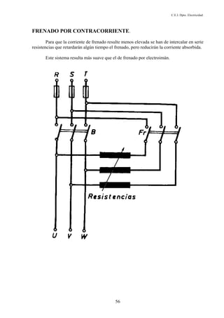 C.E.I. Dpto. Electricidad
56
FRENADO POR CONTRACORRIENTE.
Para que la corriente de frenado resulte menos elevada se han de intercalar en serie
resistencias que retardarán algún tiempo el frenado, pero reducirán la corriente absorbida.
Este sistema resulta más suave que el de frenado por electroimán.
 