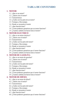 TABLA DE CONTENIDO
1. MOTOR
1.1. ¿Que es un motor?
1.2. ¿ Quien creo el motor?
1.3. Caracteristicas
1.4. ¿Cuáles son las parte de un motor?
1.5. Ventajas y Desventajas
1.6. Donde se encunetra el motor
1.7. ¿Que función tiene?
1.8. ¿Como podemos garantizar que un motor funcione?
1.9. ¿Cuantos caballos de fuerza tiene el motor?
2. MOTOR ELECTRICO
2.1. ¿Que es un motor electrico?
2.2. ¿ Quien creo el motor?
2.3. Caracteristicas
2.4. ¿Cuáles son las parte del motor?
2.5. Ventajas y Desventajas
2.6. Donde se encunetra el motor
2.7. ¿Que función tiene?
2.8. ¿Como podemos garantizar que el motor funcione?
2.9. ¿Cuantos caballos de fuerza tiene el motor?
3. MOTOR DE GASOLINA
3.1. ¿Que es un motor de gasolina?
3.2. ¿ Quien creo el motor?
3.3. Caracteristicas
3.4. ¿Cuáles son las parte del motor?
3.5. Ventajas y Desventajas
3.6. Donde se encunetra el motor
3.7. ¿Que función tiene?
3.8. ¿Como podemos garantizar que el motor funcione?
3.9. ¿Cuantos caballos de fuerza tiene el motor?
4. MOTOR DE DIÉSEL
4.1. ¿Que es un motor de diésel?
4.2. ¿ Quién creo el motor?
4.3. Caracteristicas
4.4. ¿Cuáles son las parte del motor?
4.5. Ventajas y Desventajas
4.6. Donde se encuentra el motor
4.7. ¿Qué función tiene?
4.8. ¿Cómo podemos garantizar que el motor funcione?
 