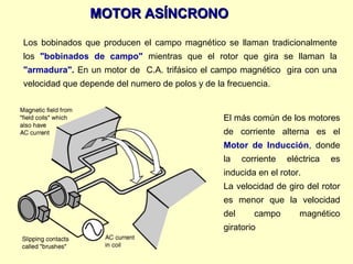 El más común de los motores
de corriente alterna es el
Motor de Inducción, donde
la corriente eléctrica es
inducida en el rotor.
La velocidad de giro del rotor
es menor que la velocidad
del campo magnético
giratorio
Los bobinados que producen el campo magnético se llaman tradicionalmente
los "bobinados de campo" mientras que el rotor que gira se llaman la
"armadura". En un motor de C.A. trifásico el campo magnético gira con una
velocidad que depende del numero de polos y de la frecuencia.
MOTOR ASÍNCRONOMOTOR ASÍNCRONO
 