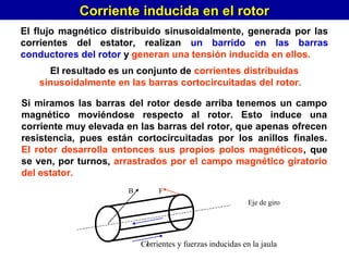 Corriente inducida en el rotorCorriente inducida en el rotor
El flujo magnético distribuido sinusoidalmente, generada por las
corrientes del estator, realizan un barrido en las barras
conductores del rotor y generan una tensión inducida en ellos.
El resultado es un conjunto de corrientes distribuidas
sinusoidalmente en las barras cortocircuitadas del rotor.
Si miramos las barras del rotor desde arriba tenemos un campo
magnético moviéndose respecto al rotor. Esto induce una
corriente muy elevada en las barras del rotor, que apenas ofrecen
resistencia, pues están cortocircuitadas por los anillos finales.
El rotor desarrolla entonces sus propios polos magnéticos, que
se ven, por turnos, arrastrados por el campo magnético giratorio
del estator.
Corrientes y fuerzas inducidas en la jaula
Eje de giro
B
I
F
 