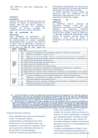 IEC 60947-4-1 estos dos componentes del                  prescripciones especificadas, de manera que se
     arrancador.                                              asegure la protección del motor que estuviera
                                                              funcionando en condiciones anómalas.
                                                              La norma especifica diversos campos de
                                                              aplicación para los contactores y los
                                                              arrancadores introduciendo el con- cepto de
   Contactor                                                  categorías de utilización o empleo.
   (mecánico)                                                 Categoría          de
   Aparato mecánico de maniobra con una sola                  utilización
   posición de reposo, de accionamiento no
   manual, capaz de esta- blecer, soportar e                  Se identifican diversas categorías de
   interrumpir corrientes en condiciones                      utilización caracteri-        zadas por las
   normales del circuito, incluidas las                       aplicaciones resumidas en la tabla 1. Cada
   condiciones de sobre- carga de maniobra.                   categoría     de       utilización  identifica
                                                              prestaciones mínimas bien definidas para el
   Relé de protección de                                      contactor (por ejemplo, campo de aplicación
   sobrecarga                                                 o capacidad nominal de interrupción) según
   Relé multipolar de protección               de             valores de corriente, tensión, factor de
   sobrecarga térmico que interviene en caso                  potencia o cons- tante de tiempo y
   de sobrecorrientes de carácter moderado                    condiciones de prueba especificadas en la
   (sobrecargas) sobre el circuito que alimenta               norma.
   el motor. Para la aplicación a menudo se
   requiere de un aparato que intervenga incluso
   en el caso de falta de fase, según las
       Tipo Categor
       de       ía    de
       corrie utilizac Aplicaciones típicas (1)
       nte        AC
                ión       Cargas no inductivas o ligeramente inductivas, hornos de resistencia
                  AC
                  -1      Motores de anillos: arranque, paro
                  AC
                  -2      Motores de jaula de ardilla: arranque, paro del motor durante la marcha (2)
                  AC
                  -3      Motores de jaula de ardilla: arranque, frenado a contracorriente, maniobra por
                  AC-5a Control de lámparas de descarga
                  -4      impulsos
      Corri       AC-5b Control de lámparas incandescentes
        ente      AC-6a Control de transformadores
        alter
        na        AC-6b Control de baterías de condensadores
                  AC-7a Cargas ligeramente inductivas en aplicaciones domésticas y similares
                  AC-7b Cargas de motores en aplicaciones domésticas
                  AC-8a Control de motores para compresores herméticos de frigoríficos con rearme
                  AC-8b manual del relé de sobrecarga
                          Control de motores para compresores herméticos de frigoríficos con rearme
                  DC      Cargas no del relé de ligeramente
                          automáticoinductivas osobrecarga inductivas, hornos de resistencia
                  -1      Motores en derivación: arranque, frenado a contracorriente, maniobra por
      Corri       DC      Frenado
       ente               impulsosdinámico de motores de CC
       conti      -3      Motores en serie: arranque, frenado a contracorriente, maniobra por impulsos
       nua        DC      Frenado dinámico de motores de CC
                  -5
                  DC      Control de lámparas incandescentes
                  -6



     (1) En lo referente al campo de aplicación relacionado con el arranque de los motores, para los
        arrancadores directos se consideran normales las aplicaciones para las que los arrancadores
        pertenecen a una o más de las categorías de utilización AC-3, AC-4, AC-7b, AC-8a y AC-8b; para
        los arrancadores en estrella-triángulo, se consideran de uso común las aplicaciones para las que los
        arrancadores pertenecen a la categoría de utilización identificable con AC-3.
     (2) Normalmente las aplicaciones más comunes prevén arrancadores directos para la maniobra de
        motores trifásicos asíncronos de jaula de ardilla, por lo que incluso en este caso se hace referencia
        sólo a la categoría AC-3. Para esta aplicación, la norma admite condiciones de funcionamiento
        ligeramente diversas a las prescripciones dadas por la categoría AC-3 y admite una utilización para
        maniobras esporádicas por impulsos o frenados a contracorriente por periodos limitados, como los
        relativos al posicionamiento de la máquina; durante dichos periodos limitados, el número de estas
        operaciones no debería superar la cifra de cinco por minuto o de diez en un periodo de 10 minutos.
                                                                estátor, que se puede definir como el
Estructura del motor asíncrono                                  conjunto de las partes fijas cuya función es
                                                                sostener, al menos parcialmente, la máquina,
   Para comprender mejor cómo está estructurado                 pero fundamentalmente constituye la parte
   un mo- tor asíncrono trifásico,                              del circuito magnético que contiene los
   proporcionamos a continuación una breve                      devanados inductores alojados en las ranuras
   descripción de las principales partes que                    adecuadas a ese fin y en correspondencia con
   componen el mecanismo de rotación y en las                   su superficie interna.
   que se generan los fenómenos eléctricos de                   El estátor (representado en la figura 1) está
   los que deriva su funcionamiento.                            constituido por láminas de una aleación de
   El primer elemento que describimos es el                     acero al silicio o de acero macizo aisladas entre
 