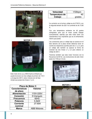 Universidad Politécnica Salesiana – Maquinas Eléctricas II

.

                                                               Velocidad                         1720rpm
                                                             Temperatura de                             40
                                                                trabajo                            grados

                                                             La corriente con el primer voltaje es de 27.60 A, con
                                                             la segunda tensión de 220 V la corriente es de 13.80
                                                             A.

                                                             Con una temperatura ambiente de 40 grados
                                                             centígrados para que el motor puede trabajar
                                                             correctamente, además que este motor tiene una
                                                             característica muy importante que es el enfriamiento
                                                             interno que posee.
                     MOTOR 3
                                                             Las conexiones para un voltaje bajo se aprecia en el
                                                             lado derecho de la placa donde debemos tener en
                                                             cuenta los respectivos puentes para las L1 y L2, para
                                                             un voltaje alto también se aprecia la forma de
                                                             conectar las dos líneas L1 y L2 para obtener un
                                                             voltaje de 220 V.

                                                             Tenemos también que este motor funciona con la
                                                             frecuencia de 60 Hz. Las revoluciones de este motor
                                                             serán de 1720 por minuto.




Este motor de la marca WEG hecho en Brazil que
puede funcionar con dos voltajes el primero de 110 V
y el segundo 220 V, estos motores son de fase
simple que posee dos líneas L1 y L2.


                                                                                 MOTOR 4
            Placa de Motor 3
    Características      Valores
        de placa
     Alimentación      110V-220V
       Conexión         D triangulo
      Frecuencia           60Hz
       Potencia           5.5kW
       Corriente          27.60A
        nominal
         Marca        ABB Motores

4
 