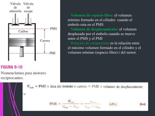 Volumen de espacio libre: el volumen
mínimo formado en el cilindro cuando el
embolo esta en el PMS
Volumen de desplazamiento: el volumen
desplazado por el embolo cuando se mueve
entre el PMS y el PMI
Relación de compresión: es la relación entre
el máximo volumen formado en el cilindro y el
volumen mínimo (espacio libre) r del motor.
 