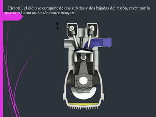 En total, el ciclo se compone de dos subidas y dos bajadas del pistón, razón por la
que se le llama motor de cuatro tiempos.
 