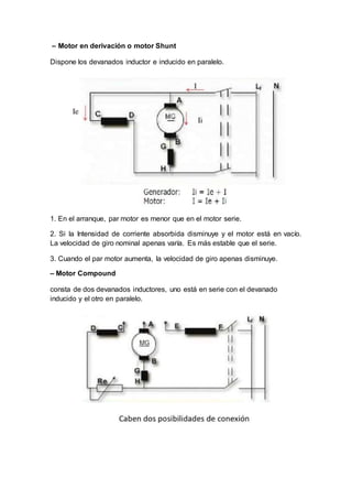 – Motor en derivación o motor Shunt
Dispone los devanados inductor e inducido en paralelo.
1. En el arranque, par motor es menor que en el motor serie.
2. Si la Intensidad de corriente absorbida disminuye y el motor está en vacío.
La velocidad de giro nominal apenas varía. Es más estable que el serie.
3. Cuando el par motor aumenta, la velocidad de giro apenas disminuye.
– Motor Compound
consta de dos devanados inductores, uno está en serie con el devanado
inducido y el otro en paralelo.
 