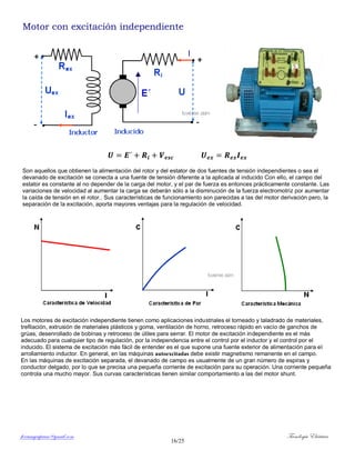 ferrumycuprum@gmail.com Tecnología Eléctrica
16/25
Motor con excitación independiente
Son aquellos que obtienen la alimentación del rotor y del estator de dos fuentes de tensión independientes o sea el
devanado de excitación se conecta a una fuente de tensión diferente a la aplicada al inducido Con ello, el campo del
estator es constante al no depender de la carga del motor, y el par de fuerza es entonces prácticamente constante. Las
variaciones de velocidad al aumentar la carga se deberán sólo a la disminución de la fuerza electromotriz por aumentar
la caída de tensión en el rotor.. Sus características de funcionamiento son parecidas a las del motor derivación pero, la
separación de la excitación, aporta mayores ventajas para la regulación de velocidad.
Los motores de excitación independiente tienen como aplicaciones industriales el torneado y taladrado de materiales,
trefilación, extrusión de materiales plásticos y goma, ventilación de horno, retroceso rápido en vacío de ganchos de
grúas, desenrollado de bobinas y retroceso de útiles para serrar. El motor de excitación independiente es el más
adecuado para cualquier tipo de regulación, por la independencia entre el control por el inductor y el control por el
inducido. El sistema de excitación más fácil de entender es el que supone una fuente exterior de alimentación para el
arrollamiento inductor. En general, en las máquinas autoexcitadas debe existir magnetismo remanente en el campo.
En las máquinas de excitación separada, el devanado de campo es usualmente de un gran número de espiras y
conductor delgado, por lo que se precisa una pequeña corriente de excitación para su operación. Una corriente pequeña
controla una mucho mayor. Sus curvas características tienen similar comportamiento a las del motor shunt.
 