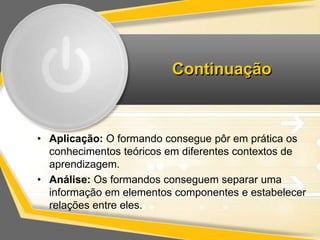 Continuação 
• Aplicação: O formando consegue pôr em prática os 
conhecimentos teóricos em diferentes contextos de 
aprendizagem. 
• Análise: Os formandos conseguem separar uma 
informação em elementos componentes e estabelecer 
relações entre eles. 
 