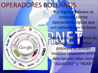 Por lógica Booleana se
      entiende ciertas
  operaciones lógicas que
son utilizadas en las bases
             de
datos para los procesos de
    búsquedas. En estos
    procesos se utilizan
 también relaciones entre
  descriptores tales como
  "ADJACENT" y "NEAR".
 