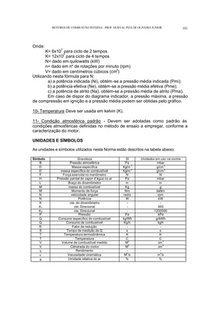 MOTORES DE COMBUSTÃO INTERNA- PROF. DURVAL PIZA DE OLIVEIRA JUNIOR 101
Onde:
K= 6x107
para ciclo de 2 tempos
K= 12x107
para ciclo de 4 tempos
N= dado em quilowatts (kW)
n= dado em n° de rotações por minuto (rpm)
V= dado em centímetros cúbicos (cm3
)
Utilizando nesta fórmula para N:
a) a potência indicada (Ni), obtém-se a pressão média indicada (Pmi);
b) a potência efetiva (Ne), obtém-se a pressão média efetiva (Pme);
c) a potência de atrito (Na), obtém-se a pressão média de atrito (Pma).
Em caso de dispor do diagrama indicador, a pressão máxima, a pressão
de compressão em ignição e a pressão média podem ser obtidas pelo gráfico.
10- Temperatura Deve ser usada em kelvin (K).
11- Condição atmosférica padrão - Devem ser adotadas como padrão às
condições atmosféricas definidas no método de ensaio a empregar, conforme a
caracterização do motor.
UNIDADES E SÍMBOLOS
As unidades e símbolos utilizados nesta Norma estão descritos na tabela abaixo:
Símbolo Grandeza SI Unidades em uso na norma
B Pressão atmosférica Pa mbar
D Massa específica Kg/m
3
g/cm
3
D massa específica do combustível Kg/m3
g/cm3
F Força exercida no manômetro N N
H Pressão parcial do vapor d’água no ar Pa mbar
L Braço do dinamômetro m m
M massa do combustível Kg g
M Momento de força Nm daNm
N velocidade angular rad/s rpm
N Potência W kW
K cte. do dinamômetro - -
K1 cte. Direcional - 955
K2 cte. Direcional - 1200000
P Pressão Pa kPa
Q Consumo específico do combustível kg/Wh g//kWh
Q Consumo de combustível Kg/h kg/h
R Fator de redução - -
S Tempo de medição de Q s s
T Temperatura termodinâmica K K
T Temperatura C C
V Volume de combustível medido M
3
cm
3
V Cilindrada do motor M
3
cm
3
η Rendimento - -
ν Viscosidade cinemática M
3
/s m
2
/s
φ Umidade relativa do ar % %
 