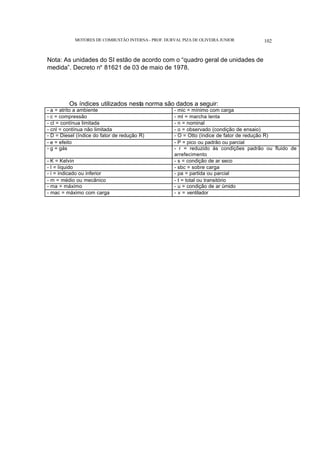 MOTORES DE COMBUSTÃO INTERNA- PROF. DURVAL PIZA DE OLIVEIRA JUNIOR 102
Nota: As unidades do SI estão de acordo com o “quadro geral de unidades de
medida”. Decreto n° 81621 de 03 de maio de 1978.
Os índices utilizados nesta norma são dados a seguir:
- a = atrito a ambiente - mic = mínimo com carga
- c = compressão - ml = marcha lenta
- cl = contínua limitada - n = nominal
- cnl = contínua não limitada - o = observado (condição de ensaio)
- D = Diesel (índice do fator de redução R) - O = Otto (índice de fator de redução R)
- e = efeito - P = pico ou padrão ou parcial
- g = gás - r = reduzido às condições padrão ou fluido de
arrefecimento
- K = Kelvin - s = condição de ar seco
- l = líquido - sbc = sobre carga
- i = indicado ou inferior - pa = partida ou parcial
- m = médio ou mecânico - t = total ou transitório
- ma = máximo - u = condição de ar úmido
- mac = máximo com carga - v = ventilador
 