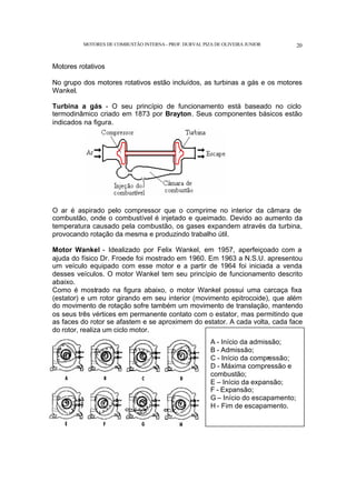 MOTORES DE COMBUSTÃO INTERNA- PROF. DURVAL PIZA DE OLIVEIRA JUNIOR 20
Motores rotativos
No grupo dos motores rotativos estão incluídos, as turbinas a gás e os motores
Wankel.
Turbina a gás - O seu princípio de funcionamento está baseado no ciclo
termodinâmico criado em 1873 por Brayton. Seus componentes básicos estão
indicados na figura.
O ar é aspirado pelo compressor que o comprime no interior da câmara de
combustão, onde o combustível é injetado e queimado. Devido ao aumento da
temperatura causado pela combustão, os gases expandem através da turbina,
provocando rotação da mesma e produzindo trabalho útil.
Motor Wankel - Idealizado por Felix Wankel, em 1957, aperfeiçoado com a
ajuda do físico Dr. Froede foi mostrado em 1960. Em 1963 a N.S.U. apresentou
um veículo equipado com esse motor e a partir de 1964 foi iniciada a venda
desses veículos. O motor Wankel tem seu princípio de funcionamento descrito
abaixo.
Como é mostrado na figura abaixo, o motor Wankel possui uma carcaça fixa
(estator) e um rotor girando em seu interior (movimento epitrocoide), que além
do movimento de rotação sofre também um movimento de translação, mantendo
os seus três vértices em permanente contato com o estator, mas permitindo que
as faces do rotor se afastem e se aproximem do estator. A cada volta, cada face
do rotor, realiza um ciclo motor.
A - Início da admissão;
B - Admissão;
C - Início da compressão;
D - Máxima compressão e
combustão;
E – Início da expansão;
F - Expansão;
G – Início do escapamento;
H - Fim de escapamento.
 