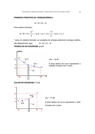 MOTORES DE COMBUSTÃO INTERNA- PROF. DURVAL PIZA DE OLIVEIRA JUNIOR 24
PRIMEIRO PRINCÍPIO DA TERMODINÂMICA
Q - W = E2 - E1
Para sistema fechado:
v2
2
v1
2
Q - W = m ( ------- + g z2 + u2 ) - m ( ------- + g z1 + u1 )
2 2
* para um sistema fechado, as variações de energia potencial e energia cinética,
são desprezíveis, logo: Q - W = U2 - U1
TRABALHO NO DIAGRAMA p x V
1W2 = ∫p dV
A área abaixo da curva representa o
trabalho trocado com o meio.
CALOR NO DIAGRAMA T x S
1Q2 = ∫T dS
A área abaixo da curva representa o calor
trocado com o meio.
 
