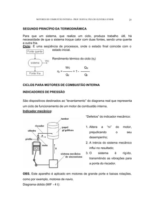 MOTORES DE COMBUSTÃO INTERNA- PROF. DURVAL PIZA DE OLIVEIRA JUNIOR 25
SEGUNDO PRINCÍPIO DA TERMODINÂMICA
Para que um sistema, que realize um ciclo, produza trabalho útil, há
necessidade de que o sistema troque calor com duas fontes, sendo uma quente
e outra fria.
Ciclo: É uma seqüência de processos, onde o estado final coincide com o
estado inicial.
Rendimento térmico do ciclo (ηt)
Wc QR
ηt = --------- = 1 - ---------
QF QF
CICLOS PARA MOTORES DE COMBUSTÃO INTERNA
INDICADORES DE PRESSÃO
São dispositivos destinados ao “levantamento” do diagrama real que representa
um ciclo de funcionamento de um motor de combustão interna.
Indicador mecânico:
“Defeitos” do indicador mecânico:
1. Altera a “rv” do motor,
prejudicando o seu
desempenho;
2. A inércia do sistema mecânico
influi no resultado;
3. O sistema é rígido,
transmitindo as vibrações para
a ponta do riscador.
OBS. Este aparelho é aplicado em motores de grande porte e baixas rotações,
como por exemplo, motores de navio.
Diagrama obtido (MIF - 4 t):
 