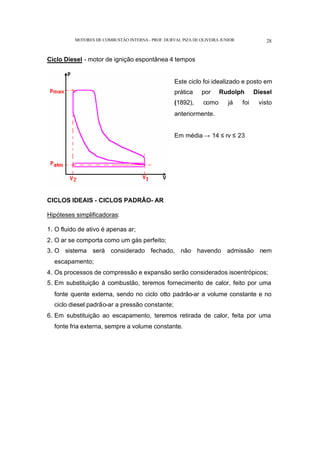 MOTORES DE COMBUSTÃO INTERNA- PROF. DURVAL PIZA DE OLIVEIRA JUNIOR 28
Ciclo Diesel - motor de ignição espontânea 4 tempos
Este ciclo foi idealizado e posto em
prática por Rudolph Diesel
(1892), como já foi visto
anteriormente.
Em média → 14 ≤ rv ≤ 23
CICLOS IDEAIS - CICLOS PADRÃO- AR
Hipóteses simplificadoras:
1. O fluido de ativo é apenas ar;
2. O ar se comporta como um gás perfeito;
3. O sistema será considerado fechado, não havendo admissão nem
escapamento;
4. Os processos de compressão e expansão serão considerados isoentrópicos;
5. Em substituição à combustão, teremos fornecimento de calor, feito por uma
fonte quente externa, sendo no ciclo otto padrão-ar a volume constante e no
ciclo diesel padrão-ar a pressão constante;
6. Em substituição ao escapamento, teremos retirada de calor, feita por uma
fonte fria externa, sempre a volume constante.
 