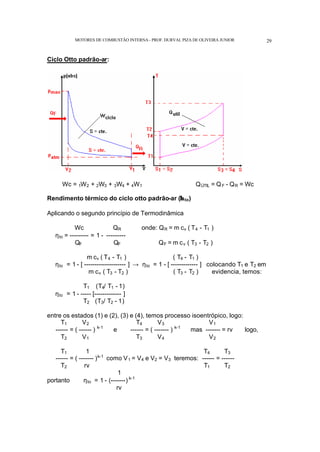 MOTORES DE COMBUSTÃO INTERNA- PROF. DURVAL PIZA DE OLIVEIRA JUNIOR 29
Ciclo Otto padrão-ar:
Wc = 1W2 + 2W3 + 3W4 + 4W1 QÚTIL = QF - QR = Wc
Rendimento térmico do ciclo otto padrão-ar (ηto)
Aplicando o segundo princípio de Termodinâmica
Wc QR onde: QR = m cv ( T4 - T1 )
ηto = --------- = 1 - ---------
QF QF QF = m cv ( T3 - T2 )
m cv ( T4 - T1 ) ( T4 - T1 )
ηto = 1 - [ -------------------- ] → ηto = 1 - [ ------------- ] colocando T1 e T2 em
m cv ( T3 - T2 ) ( T3 - T2 ) evidencia, temos:
T1 (T4/ T1 - 1)
ηto = 1 - ----- [------------- ]
T2 (T3/ T2 - 1)
entre os estados (1) e (2), (3) e (4), temos processo isoentrópico, logo:
T1 V2 T4 V3 V1
------ = ( ------ ) k-1
e ------ = ( ------- ) k-1
mas ------- = rv logo,
T2 V1 T3 V4 V2
T1 1 T4 T3
------ = ( ------- )k-1
como V1 = V4 e V2 = V3 teremos: ------ = ------
T2 rv T1 T2
1
portanto ηto = 1 - (-------) k-1
rv
 