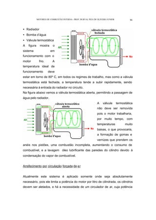 MOTORES DE COMBUSTÃO INTERNA- PROF. DURVAL PIZA DE OLIVEIRA JUNIOR 86
• Radiador
• Bomba d’água
• Válvula termostática
A figura mostra o
sistema em
funcionamento com o
motor frio. A
temperatura ideal de
funcionamento deve
estar em torno de 80º C, em todos os regimes de trabalho, mas como a válvula
termostática está fechada, a temperatura tende a subir rapidamente, sendo
necessária à entrada do radiador no circuito.
Na figura abaixo vemos a válvula termostática aberta, permitindo a passagem de
água pelo radiador.
A válvula termostática
não deve ser removida
pois o motor trabalharia,
por muito tempo, com
temperaturas muito
baixas, o que provocaria,
a formação de gomas e
vernizes que prendem os
anéis nos pistões, uma combustão incompleta, aumentando o consumo de
combustível, e a lavagem óleo lubrificante das paredes do cilindro devido à
condensação do vapor de combustível.
Arrefecimento por circulação forçada de ar
Atualmente este sistema é aplicado somente onde seja absolutamente
necessário, pois ele limita a potência do motor por litro de cilindrada, os cilindros
devem ser aletados, e há a necessidade de um circulador de ar, cuja potência
 