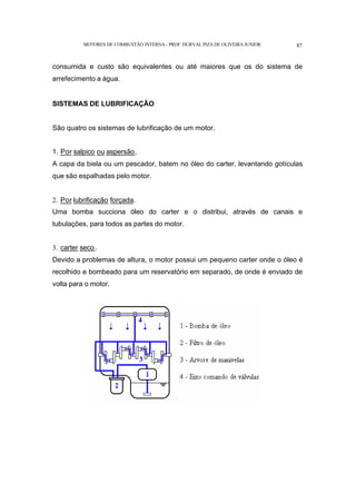 MOTORES DE COMBUSTÃO INTERNA- PROF. DURVAL PIZA DE OLIVEIRA JUNIOR 87
consumida e custo são equivalentes ou até maiores que os do sistema de
arrefecimento a água.
SISTEMAS DE LUBRIFICAÇÃO
São quatro os sistemas de lubrificação de um motor.
1. Por salpico ou aspersão.
A capa da biela ou um pescador, batem no óleo do carter, levantando gotículas
que são espalhadas pelo motor.
2. Por lubrificação forçada.
Uma bomba succiona óleo do carter e o distribui, através de canais e
tubulações, para todos as partes do motor.
3. carter seco.
Devido a problemas de altura, o motor possui um pequeno carter onde o óleo é
recolhido e bombeado para um reservatório em separado, de onde é enviado de
volta para o motor.
 