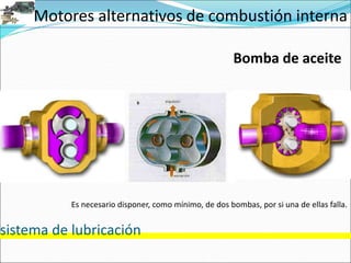 Motores alternativos de combustión interna
sistema de lubricación
Bomba de aceite
Es necesario disponer, como mínimo, de dos bombas, por si una de ellas falla.
 