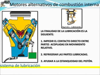 Motores alternativos de combustión interna
sistema de lubricación
LA FINALIDAD DE LA LUBRICACIÓN ES LA
SIGUIENTE:
1. IMPEDIR EL CONTACTO DIRECTO ENTRE
PARTES ACOPLADAS EN MOVIMIENTO
RELATIVO.
2. REFRIGERAR LAS PARTES LUBRICADAS.
3. AYUDAR A LA ESTANQUEIDAD DEL PISTÓN.
 