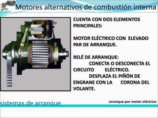 Motores alternativos de combustión interna
sistemas de arranque arranque por motor eléctrico
CUENTA CON DOS ELEMENTOS
PRINCIPALES:
MOTOR ELÉCTRICO CON ELEVADO
PAR DE ARRANQUE.
RELÉ DE ARRANQUE:
CONECTA O DESCONECTA EL
CIRCUITO ELÉCTRICO.
DESPLAZA EL PIÑÓN DE
ENGRANE CON LA CORONA DEL
VOLANTE.
 