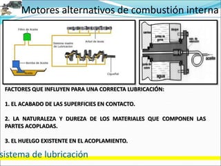 Motores alternativos de combustión interna
sistema de lubricación
FACTORES QUE INFLUYEN PARA UNA CORRECTA LUBRICACIÓN:
1. EL ACABADO DE LAS SUPERFICIES EN CONTACTO.
2. LA NATURALEZA Y DUREZA DE LOS MATERIALES QUE COMPONEN LAS
PARTES ACOPLADAS.
3. EL HUELGO EXISTENTE EN EL ACOPLAMIENTO.
 