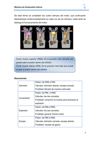 Motores de Combustión Interna
9
De esta forma se completan los cuatro tiempos del motor, que continuarán
efectuándose ininterrumpidamente en cada uno de los cilindros, hasta tanto se
detenga el funcionamiento del motor.
Resumiendo
Admisión
Pistón: de PMS a PMI.
Válvulas: admisión abierta, escape cerrado.
Finalidad: llenado de mezcla carburada
Compresión
Pistón: de PMI a PMS.
Válvulas: las dos cerradas.
Finalidad: comprimir la mezcla para favorecer la
explosión.
Explosión
Pistón: de PMI a PMS.
Válvulas: las dos cerradas.
Finalidad: generar fuerza motriz.
Escape
Pistón: de PMI a PMS.
Válvulas: admisión cerrada, escape abierta.
Finalidad: vaciado de gases.
Punto muerto superior (PMS): Es la posición más elevada que
puede estar el pistón dentro del cilindro.
Punto muerto inferior (PMI): Es la posición más baja que puede
ocupar el pistón dentro del cilindro.
 