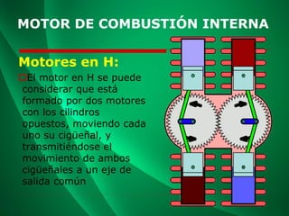 MOTOR DE COMBUSTIÓN INTERNA
Motores en H:
El motor en H se puede
considerar que está
formado por dos motores
con los cilindros
opuestos, moviendo cada
uno su cigüeñal, y
transmitiéndose el
movimiento de ambos
cigüeñales a un eje de
salida común
 