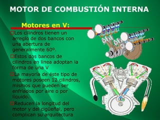 MOTOR DE COMBUSTIÓN INTERNA
Motores en V:
Los cilindros tienen un
arreglo de dos bancos con
una abertura de
generalmente 60º.
Estos dos bancos de
cilindros en línea adoptan la
forma de una V
La mayoría de éste tipo de
motores poseen 12 cilindros,
mismos que pueden ser
enfriados por aire o por
líquido.
Reducen la longitud del
motor y del cigüeñal, pero
complican su arquitectura
 