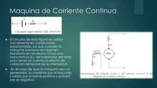 Maquina de Corriente Continua
 El circuito de ésta figura es válido
únicamente en condiciones
estacionarias, ya que cuando la
máquina funciona en régimen
transitorio es necesario incluir una
inductancia (Li) del bobinado del rotor
para tener en cuenta el efecto de
variación temporal de la intensidad.
 En el caso de que la máquina sea un
generador, la corriente por el inducido
Ii saldrá por el borne positivo y entrará
por el negativo
 