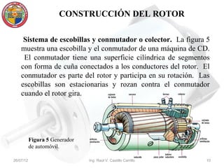 CONSTRUCCIÓN DEL ROTOR

     Sistema de escobillas y conmutador o colector. La figura 5
    muestra una escobilla y el conmutador de una máquina de CD.
     El conmutador tiene una superficie cilíndrica de segmentos
    con forma de cuña conectados a los conductores del rotor. El
    conmutador es parte del rotor y participa en su rotación. Las
    escobillas son estacionarias y rozan contra el conmutador
    cuando el rotor gira.




           Figura 5 Generador
           de automóvil.

26/07/12                        Ing. Raúl V. Castillo Carrillo   10
 