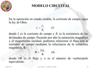 MODELO CIRCUITAL


    En la operación en estado estable, la corriente de campo sigue
    la ley de Ohm:
                                Vc
                         Ic =                  (3)
                                Rc
    donde Ic es la corriente de campo y Rc es la resistencia de los
    devanados de campo. Pasando por alto la saturación magnética
    y el magnetismo residual, podemos relacionar el flujo con la
    corriente de campo mediante la reluctancia de la estructura
    magnética, R:
                             2nlc
                         Φ=          (4)
                                R
    donde (Φ es el flujo y n es el número de vueltas/polo
    equivalente.
26/07/12                  Ing. Raúl V. Castillo Carrillo         16
 