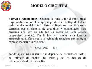 MODELO CIRCUITAL


    Fuerza electromotriz. Cuando se hace girar el rotor en el
    flujo producido por el campo, se produce un voltaje de CA en
    cada conductor del rotor. Estos voltajes son rectificados y
    sumados por el sistema de escobillas y conmutador para
    producir una fem de CD (en un motor se llama fuerza
    contraelectromotriz). Por la ley de Faraday, esta fem es
    proporcional al flujo y a la velocidad de rotación; por tanto, se
    expresa mediante la relación:
                         E = K E Φ ωm                (5)

    donde KE es una constante que depende del tamaño del rotor,
    del número de vueltas del rotor y de los detalles de
    interconexión de estas vueltas.
26/07/12                   Ing. Raúl V. Castillo Carrillo          20
 