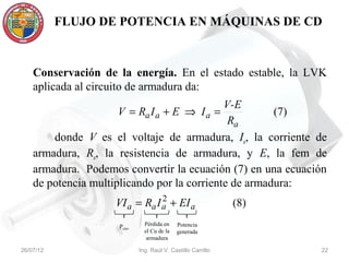 FLUJO DE POTENCIA EN MÁQUINAS DE CD



    Conservación de la energía. En el estado estable, la LVK
    aplicada al circuito de armadura da:
                                             V-E
                      V = Ra I a + E ⇒ I a =           (7)
                                              Ra
        donde V es el voltaje de armadura, Ia, la corriente de
    armadura, Ra, la resistencia de armadura, y E, la fem de
    armadura. Podemos convertir la ecuación (7) en una ecuación
    de potencia multiplicando por la corriente de armadura:
                                2
                    VI a = Ra I a + EI a                      (8)
                     Palim     Pérdida en    Potencia
                               el Cu de la   generada
                                armadura

26/07/12                     Ing. Raúl V. Castillo Carrillo         22
 