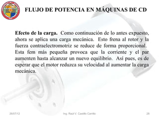 FLUJO DE POTENCIA EN MÁQUINAS DE CD



    Efecto de la carga. Como continuación de lo antes expuesto,
    ahora se aplica una carga mecánica. Esto frena al rotor y la
    fuerza contraelectromotriz se reduce de forma proporcional.
    Esta fem más pequeña provoca que la corriente y el par
    aumenten hasta alcanzar un nuevo equilibrio. Así pues, es de
    esperar que el motor reduzca su velocidad al aumentar la carga
    mecánica.




26/07/12                  Ing. Raúl V. Castillo Carrillo        28
 