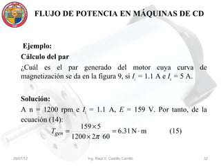 FLUJO DE POTENCIA EN MÁQUINAS DE CD



     Ejemplo:
    Cálculo del par
    ¿Cuál es el par generado del motor cuya curva de
    magnetización se da en la figura 9, si Ic = 1.1 A e Ia = 5 A.


    Solución:
    A n = 1200 rpm e Ic = 1.1 A, E = 159 V. Por tanto, de la
    ecuación (14):
                        159 × 5
              Tgen =              = 6.31 N ⋅ m (15)
                     1200 × 2π 60

26/07/12                  Ing. Raúl V. Castillo Carrillo       32
 