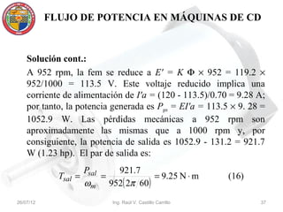 FLUJO DE POTENCIA EN MÁQUINAS DE CD



    Solución cont.:
    A 952 rpm, la fem se reduce a E' = K Φ × 952 = 119.2 ×
    952/1000 = 113.5 V. Este voltaje reducido implica una
    corriente de alimentación de I'a = (120 - 113.5)/0.70 = 9.28 A;
    por tanto, la potencia generada es Pgen = EI'a = 113.5 × 9. 28 =
    1052.9 W. Las pérdidas mecánicas a 952 rpm son
    aproximadamente las mismas que a 1000 rpm y, por
    consiguiente, la potencia de salida es 1052.9 - 131.2 = 921.7
    W (1.23 hp). El par de salida es:
                      Psal   921.7
             Tsal =        =         = 9.25 N ⋅ m            (16)
                      ωm 952( 2π 60)
26/07/12                    Ing. Raúl V. Castillo Carrillo          37
 
