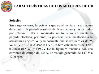 CARACTERÍSTICAS DE LOS MOTORES DE CD



    Solución:
    Sin carga externa, la potencia que se alimenta a la armadura
    debe cubrir la pérdida resistiva de la armadura y las pérdidas
    por rotación. Por el momento, no tomamos en cuenta la
    pérdida eléctrica; por tanto, la potencia de alimentación a la
    armadura es de 25 W, y la corriente que se requiere es de 25
    W/120V = 0.208 A. Por la LVK, la fem calculada es de 120 -
    0.208 × (0.5 Ω) = 119.9V De la figura 9, tenemos, con una
    corriente de campo de 1.0 A, un voltaje generado de 147 V a
    1200 rpm.



26/07/12                  Ing. Raúl V. Castillo Carrillo        43
 