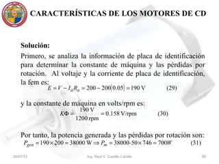 CARACTERÍSTICAS DE LOS MOTORES DE CD



    Solución:
    Primero, se analiza la información de placa de identificación
    para determinar la constante de máquina y las pérdidas por
    rotación. Al voltaje y la corriente de placa de identificación,
    la fem es:
              E = V − I a Ra = 200 − 200( 0.05) = 190 V           (29)

    y la constante de máquina en volts/rpm es:
                         190 V
                   KΦ =          = 0.158 V/rpm                 (30)
                        1200 rpm

    Por tanto, la potencia generada y las pérdidas por rotación son:
     Pgen = 190 × 200 = 38000 W ⇒ Pm = 38000-50 × 746 = 700W             (31)

26/07/12                      Ing. Raúl V. Castillo Carrillo                    56
 
