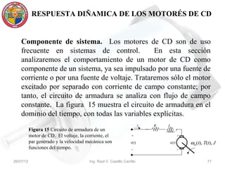 RESPUESTA DIÑAMICA DE LOS MOTORÉS DE CD


    Componente de sistema. Los motores de CD son de uso
    frecuente en sistemas de control.            En esta sección
    analizaremos el comportamiento de un motor de CD como
    componente de un sistema, ya sea impulsado por una fuente de
    corriente o por una fuente de voltaje. Trataremos sólo el motor
    excitado por separado con corriente de campo constante; por
    tanto, el circuito de armadura se analiza con flujo de campo
    constante. La figura 15 muestra el circuito de armadura en el
    dominio del tiempo, con todas las variables explícitas.
                                                                          ia   Ra   La
           Figura 15 Circuito de armadura de un
           motor de CD. El voltaje, la corriente, el                +                       +
           par generado y la velocidad mecánica son                v(t)              e(t)       ωm(t), T(t), J
           funciones del tiempo.                                    -                       -


26/07/12                                 Ing. Raúl V. Castillo Carrillo                                  77
 