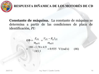 RESPUESTA DIÑAMICA DE LOS MOTORÉS DE CD



    Constante de máquina. La constante de máquina se
    determina a partir de las condiciones de placa de
    identificación, PI:


                       EPI   VPI − Ra I PI
                 KΦ =      =
                      ωmPI      ωmPI
                     180 − 1.78 × 4.9
                 =                    = 0.935 V/(rad/s)        (46)
                          183.3




26/07/12                      Ing. Raúl V. Castillo Carrillo          79
 
