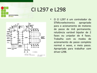 CI L297 e L298
       •   O CI L297 é um controlador da
           STMicroelectronics    apropriado
           para o acionamento de motores
           de passo de ímã permanente,
           relutância variável bipolar de 2
           fases ou unipolar de 4 fases.
           Trabalha com os modos de
           acionamento de passo completo
           normal e wave, e meio passo.
           Apropriado para trabalhar com
           driver L298.
 