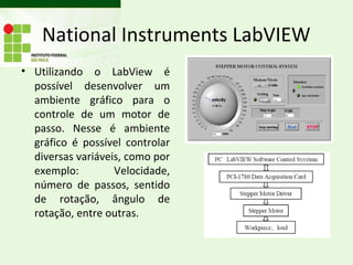 National Instruments LabVIEW
• Utilizando o LabView é
  possível desenvolver um
  ambiente gráfico para o
  controle de um motor de
  passo. Nesse é ambiente
  gráfico é possível controlar
  diversas variáveis, como por
  exemplo:         Velocidade,
  número de passos, sentido
  de rotação, ângulo de
  rotação, entre outras.
 