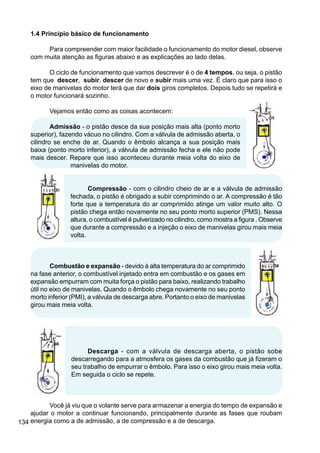 134
1.4 Princípio básico de funcionamento
Para compreender com maior facilidade o funcionamento do motor diesel, observe
com muita atenção as figuras abaixo e as explicações ao lado delas.
O ciclo de funcionamento que vamos descrever é o de 4 tempos, ou seja, o pistão
tem que descer, subir, descer de novo e subir mais uma vez. É claro que para isso o
eixo de manivelas do motor terá que dar dois giros completos. Depois tudo se repetirá e
o motor funcionará sozinho.
Vejamos então como as coisas acontecem:
Admissão - o pistão desce da sua posição mais alta (ponto morto
superior), fazendo vácuo no cilindro. Com a válvula de admissão aberta, o
cilindro se enche de ar. Quando o êmbolo alcança a sua posição mais
baixa (ponto morto inferior), a válvula de admissão fecha e ele não pode
mais descer. Repare que isso aconteceu durante meia volta do eixo de
manivelas do motor.
Compressão - com o cilindro cheio de ar e a válvula de admissão
fechada, o pistão é obrigado a subir comprimindo o ar. A compressão é tão
forte que a temperatura do ar comprimido atinge um valor muito alto. O
pistão chega então novamente no seu ponto morto superior (PMS). Nessa
altura, o combustível é pulverizado no cilindro, como mostra a figura . Observe
que durante a compressão e a injeção o eixo de manivelas girou mais meia
volta.
Combustão e expansão - devido à alta temperatura do ar comprimido
na fase anterior, o combustível injetado entra em combustão e os gases em
expansão empurram com muita força o pistão para baixo, realizando trabalho
útil no eixo de manivelas. Quando o êmbolo chega novamente no seu ponto
morto inferior (PMI), a válvula de descarga abre. Portanto o eixo de manivelas
girou mais meia volta.
Descarga - com a válvula de descarga aberta, o pistão sobe
descarregando para a atmosfera os gases da combustão que já fizeram o
seu trabalho de empurrar o êmbolo. Para isso o eixo girou mais meia volta.
Em seguida o ciclo se repete.
Você já viu que o volante serve para armazenar a energia do tempo de expansão e
ajudar o motor a continuar funcionando, principalmente durante as fases que roubam
energia como a de admissão, a de compressão e a de descarga.
 