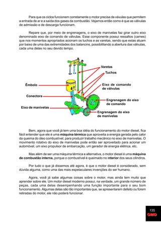 135
OMDOMD
Para que os ciclos funcionem corretamente o motor precisa de vávulas que permitem
a entrada de ar e a saída dos gases da combustão. Vejamos então como é que as válvulas
de admissão e de descarga funcionam.
Repare que, por meio de engrenagens, o eixo de manivelas faz girar outro eixo
denominado eixo de comando de válvulas. Esse componente possui ressaltos (cames)
que nos momentos apropriados acionam os tuchos e as varetas, sendo que estas atuam
por baixo de uma das extremidades dos balancins, possibilitando a abertura das válvulas,
cada uma delas no seu devido tempo.
Bem, agora que você já tem uma boa idéia do funcionamento do motor diesel, fica
fácil entender que ele é uma máquina térmica que aproveita a energia gerada pelo calor
da queima do óleo combustível, para produzir trabalho mecânico no eixo de manivelas. O
movimento rotativo do eixo de manivelas pode então ser aproveitado para acionar um
automóvel, um eixo propulsor de embarcação, um gerador de energia elétrica, etc.
Mas além de ser uma máquina térmica e alternativa, o motor diesel é uma máquina
de combustão interna, porque o combustível é queimado no interior dos seus cilindros.
Por tudo o que já dissemos até agora, é que o motor diesel é considerado, sem
dúvida alguma, como uma das mais espetaculares invenções do ser humano.
Agora, você já sabe algumas coisas sobre o motor, mas ainda tem muito que
aprender sobre ele. Um motor diesel moderno possui, na verdade, um grande número de
peças, cada uma delas desempenhando uma função importante para o seu bom
funcionamento. Algumas delas são tão importantes que, se apresentarem defeito ou forem
retiradas do motor, ele não poderá funcionar.
Êmbolo
Conectora
Eixo de manivelas
Engrenagem do eixo
de manivelas
Engrenagem do eixo
de comando
Eixo de comando
de válvulas
Varetas
Tuchos
 