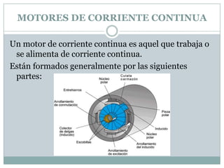 MOTORES DE CORRIENTE CONTINUA

Un motor de corriente continua es aquel que trabaja o
 se alimenta de corriente continua.
Están formados generalmente por las siguientes
 partes:
 