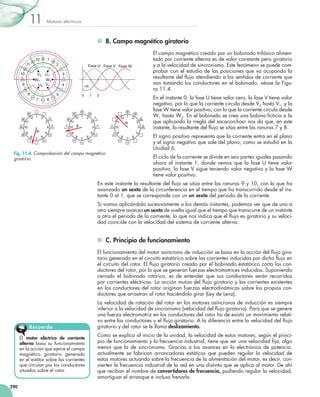 Motores eléctricos11
290
	 B. Campo magnético giratorio
El campo magnético creado por un bobinado trifásico alimen-
tado por corriente alterna es de valor constante pero giratorio
y a la velocidad de sincronismo. Este fenómeno se puede com-
probar con el estudio de las posiciones que va ocupando la
resultante del flujo atendiendo a los sentidos de corriente que
van tomando los conductores en el bobinado, véase la Figu-
ra 11.4.
En el instante 0, la fase U tiene valor cero, la fase V tiene valor
negativo, por lo que la corriente circula desde V2 hasta V1, y la
fase W tiene valor positivo, con lo que la corriente circula desde
W1
hasta W2
. En el bobinado se crea una bobina ficticia a la
que aplicando la regla del sacacorchos nos da que, en este
instante, la resultante del flujo se sitúa entre las ranuras 7 y 8.
El signo positivo representa que la corriente entra en el plano
y el signo negativo que sale del plano, como se estudió en la
Unidad 6.
El ciclo de la corriente se divide en seis partes iguales pasando
ahora al instante 1, donde vemos que la fase U tiene valor
positivo, la fase V sigue teniendo valor negativo y la fase W
tiene valor positivo.
En este instante la resultante del flujo se sitúa entre las ranuras 9 y 10, con lo que ha
avanzado un sexto de la circunferencia en el tiempo que ha transcurrido desde el ins-
tante 0 al 1, que se corresponde con un un sexto del periodo de la corriente.
Si vamos aplicándolo sucesivamente a los demás instantes, podemos ver que de uno a
otro siempre avanza un sexto de vuelta igual que el tiempo que transcurre de un instante
a otro el periodo de la corriente, lo que nos indica que el flujo es giratorio y su veloci-
dad coincide con la velocidad del sistema de corriente alterna.
	 C. Principio de funcionamiento
El funcionamiento del motor asíncrono de inducción se basa en la acción del flujo gira-
torio generado en el circuito estatórico sobre las corrientes inducidas por dicho flujo en
el circuito del rotor. El flujo giratorio creado por el bobinado estatórico corta los con-
ductores del rotor, por lo que se generan fuerzas electromotrices inducidas. Suponiendo
cerrado el bobinado rotórico, es de entender que sus conductores serán recorridos
por corrientes eléctricas. La acción mutua del flujo giratorio y las corrientes existentes
en los conductores del rotor originan fuerzas electrodinámicas sobre los propios con-
ductores que arrastran al rotor haciéndolo girar (Ley de Lenz).
La velocidad de rotación del rotor en los motores asíncronos de inducción es siempre
inferior a la velocidad de sincronismo (velocidad del flujo giratorio). Para que se genere
una fuerza electromotriz en los conductores del rotor ha de existir un movimiento relati-
vo entre los conductores y el flujo giratorio. A la diferencia entre la velocidad del flujo
giratorio y del rotor se le llama deslizamiento.
Como se explica al inicio de la unidad, la velocidad de estos motores, según el princi-
pio de funcionamiento y la frecuencia industrial, tiene que ser una velocidad fija, algo
menor que la de sincronismo. Gracias a los avances en la electrónica de potencia,
actualmente se fabrican arrancadores estáticos que pueden regular la velocidad de
estos motores actuando sobre la frecuencia de la alimentación del motor, es decir, con-
vierten la frecuencia industrial de la red en una distinta que se aplica al motor. De ahí
que reciban el nombre de convertidores de frecuencia, pudiendo regular la velocidad,
amortiguar el arranque e incluso frenarlo.
El motor eléctrico de corriente
alterna basa su funcionamiento
en la acción que ejerce el campo
magnético giratorio generado
en el estátor sobre las corrientes
que circulan por los conductores
situados sobre el rotor.
Recuerda
Fase U
5
678
9
10
11
12 1 2
3
4
5
678
9
10
11
12 1 2
3
4
5
678
9
10
11
12 1 2
3
4
F
F
F
V1
V2 U1
U2
W1 W2
0 1 2
1/6
Fase V Fase W
1
2
3
4
5
67
8
9
10
11
12
Fig. 11.4. Comprobación del campo magnético
giratorio.
 