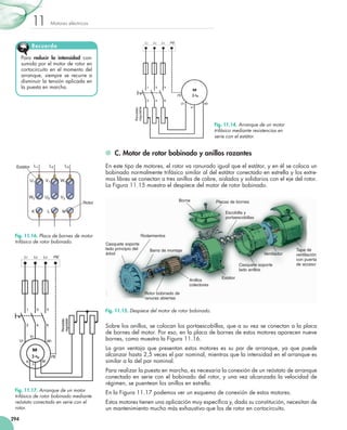 Motores eléctricos11
294
	 C. Motor de rotor bobinado y anillos rozantes
En este tipo de motores, el rotor va ranurado igual que el estátor, y en él se coloca un
bobinado normalmente trifásico similar al del estátor conectado en estrella y los extre-
mos libres se conectan a tres anillos de cobre, aislados y solidarios con el eje del rotor.
La Figura 11.15 muestra el despiece del motor de rotor bobinado.
Sobre los anillos, se colocan los portaescobillas, que a su vez se conectan a la placa
de bornes del motor. Por eso, en la placa de bornes de estos motores aparecen nueve
bornes, como muestra la Figura 11.16.
La gran ventaja que presentan estos motores es su par de arranque, ya que puede
alcanzar hasta 2,5 veces el par nominal, mientras que la intensidad en el arranque es
similar a la del par nominal.
Para realizar la puesta en marcha, es necesaria la conexión de un reóstato de arranque
conectado en serie con el bobinado del rotor, y una vez alcanzada la velocidad de
régimen, se puentean los anillos en estrella.
En la Figura 11.17 podemos ver un esquema de conexión de estos motores.
Estos motores tienen una aplicación muy específica y, dada su constitución, necesitan de
un mantenimiento mucho más exhaustivo que los de rotor en cortocircuito.
Para reducir la intensidad con-
sumida por el motor de rotor en
cortocircuito en el momento del
arranque, siempre se recurre a
disminuir la tensión aplicada en
la puesta en marcha.
Recuerda
Fig. 11.15. Despiece del motor de rotor bobinado.
Casquete soporte
lado principio del
árbol
Rodamientos
Barra de montaje
Rotor bobinado de
ranuras abiertas
Anillos
colectores
Estátor
Casquete soporte
lado anillos
Ventilador
Tapa de
ventilación
con puerta
de acceso
Borne Placas de bornes
Escobilla y
portaescobillas
Fig. 11.14. Arranque de un motor
trifásico mediante resistencias en
serie con el estátor.
Estátor L1
U1
W2
K
L2
V1
U2
L
L3
W1
V2
M
Rotor
Fig. 11.16. Placa de bornes de motor
trifásico de rotor bobinado.
Fig. 11.17. Arranque de un motor
trifásico de rotor bobinado mediante
reóstato conectado en serie con el
rotor.
 